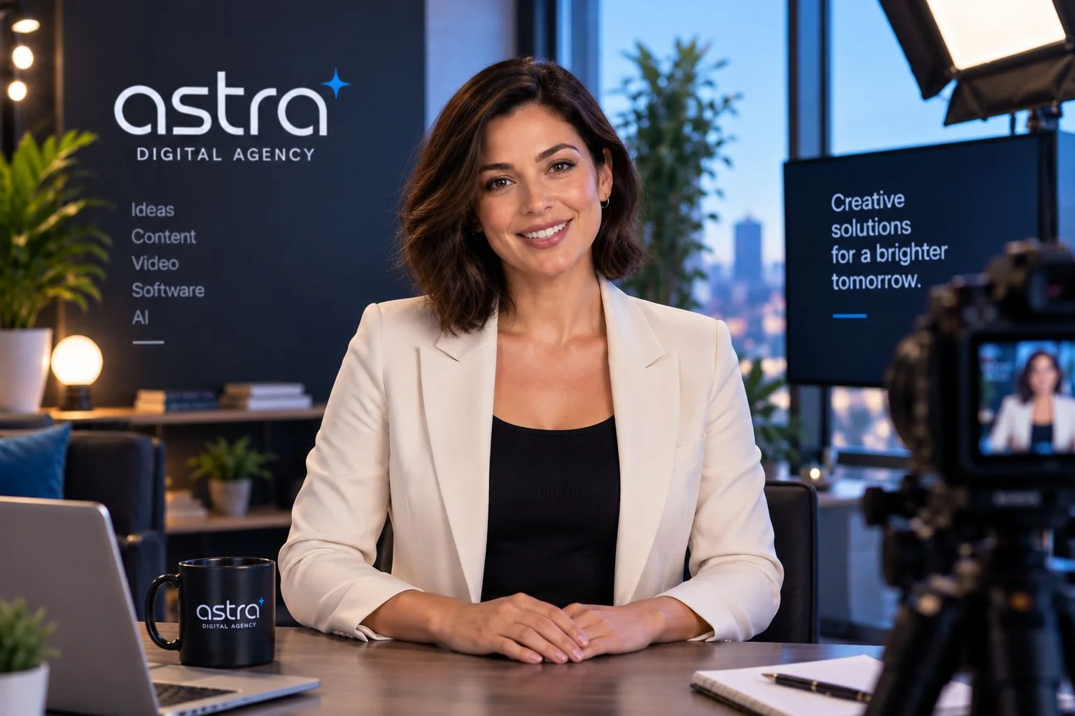 Illustrative female Astra presenter smiling at a desk in a professional studio