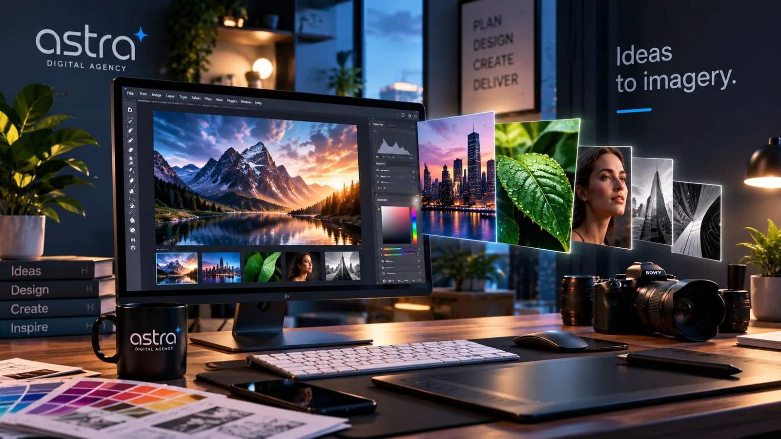 Astra Digital Agency creative workspace with a professional editing display, photography and design equipment